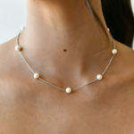 14K White Gold Fresh Water Pearl Necklace with model's neck