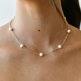 14K White Gold Fresh Water Pearl Necklace with model's neck