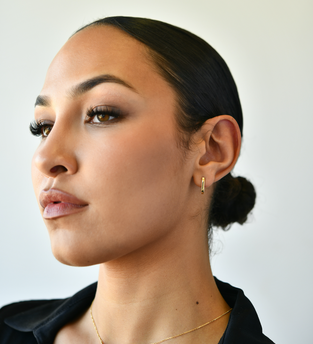 14K YG Petite Paper Clip Earrings with model