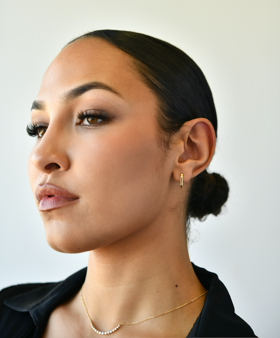 14K YG Petite Paper Clip Earrings with model