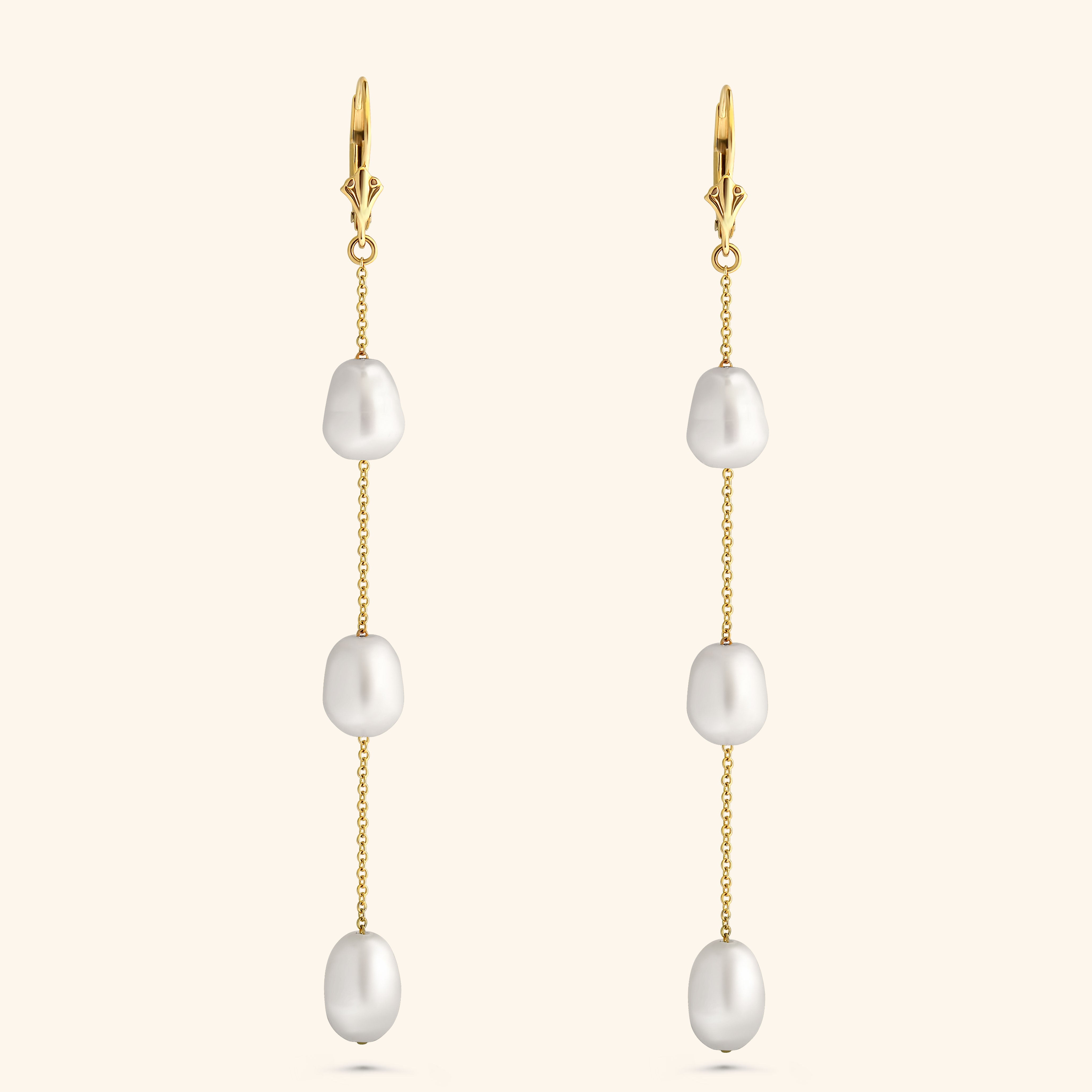 14K Yellow Gold Fresh Water Pearl Drop Earrings with Chain