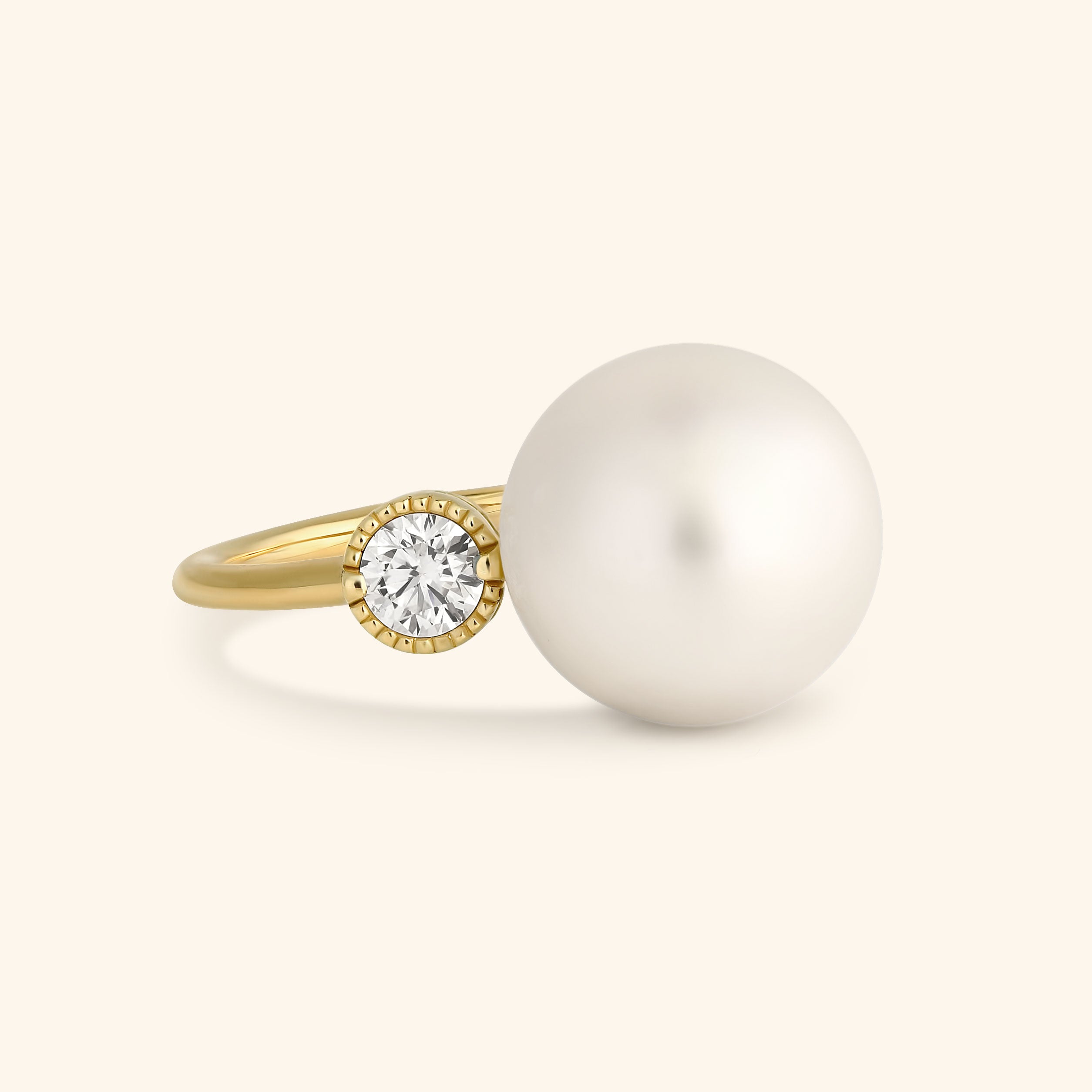 14K Yellow Gold Fresh Water Pearl Ring with Lab Grown Diamond side view