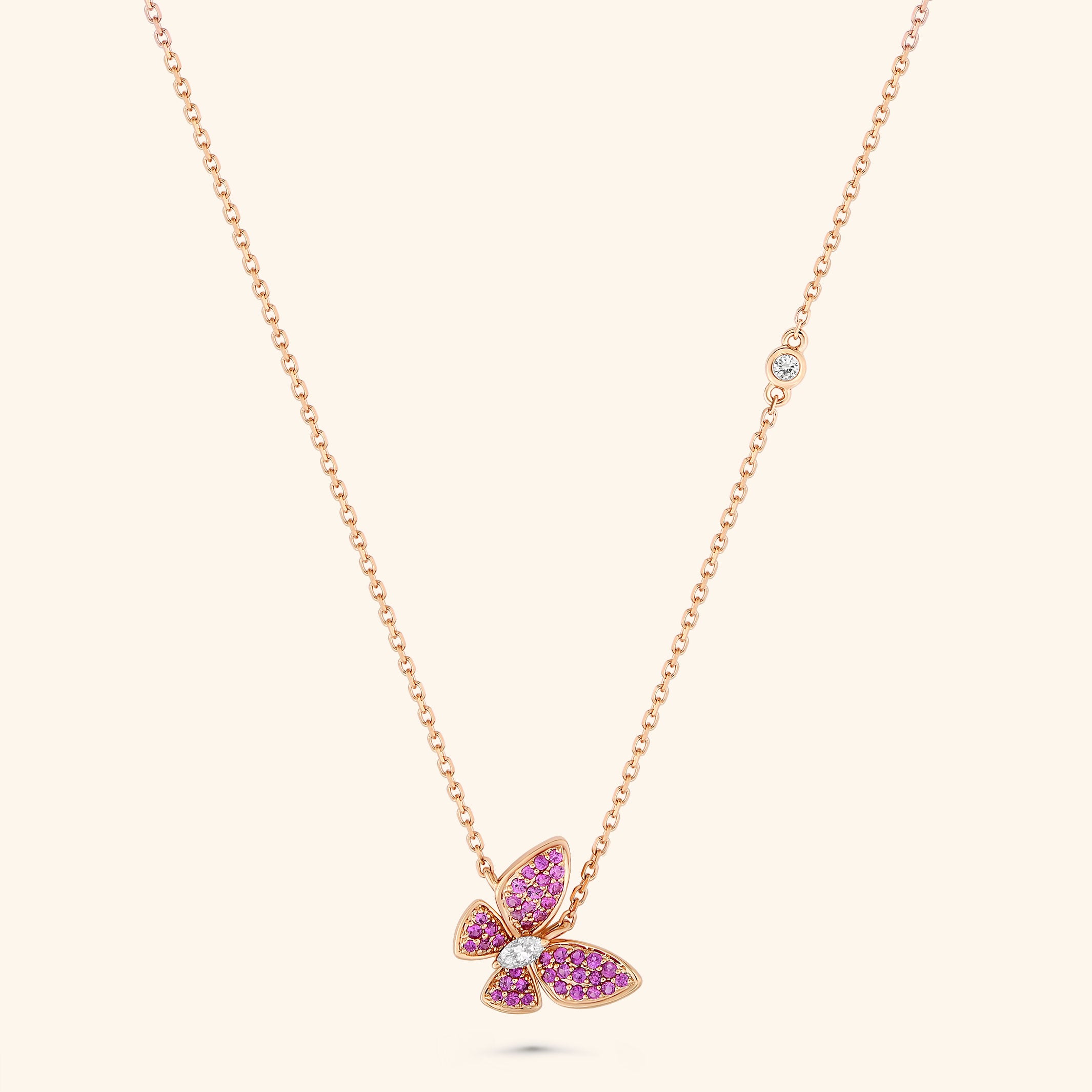 18K Rose Gold Pink Sapphire and Diamond Butterfly Necklace