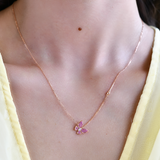 18K Rose Gold Pink Sapphire and Diamond Butterfly Necklace with model's neck