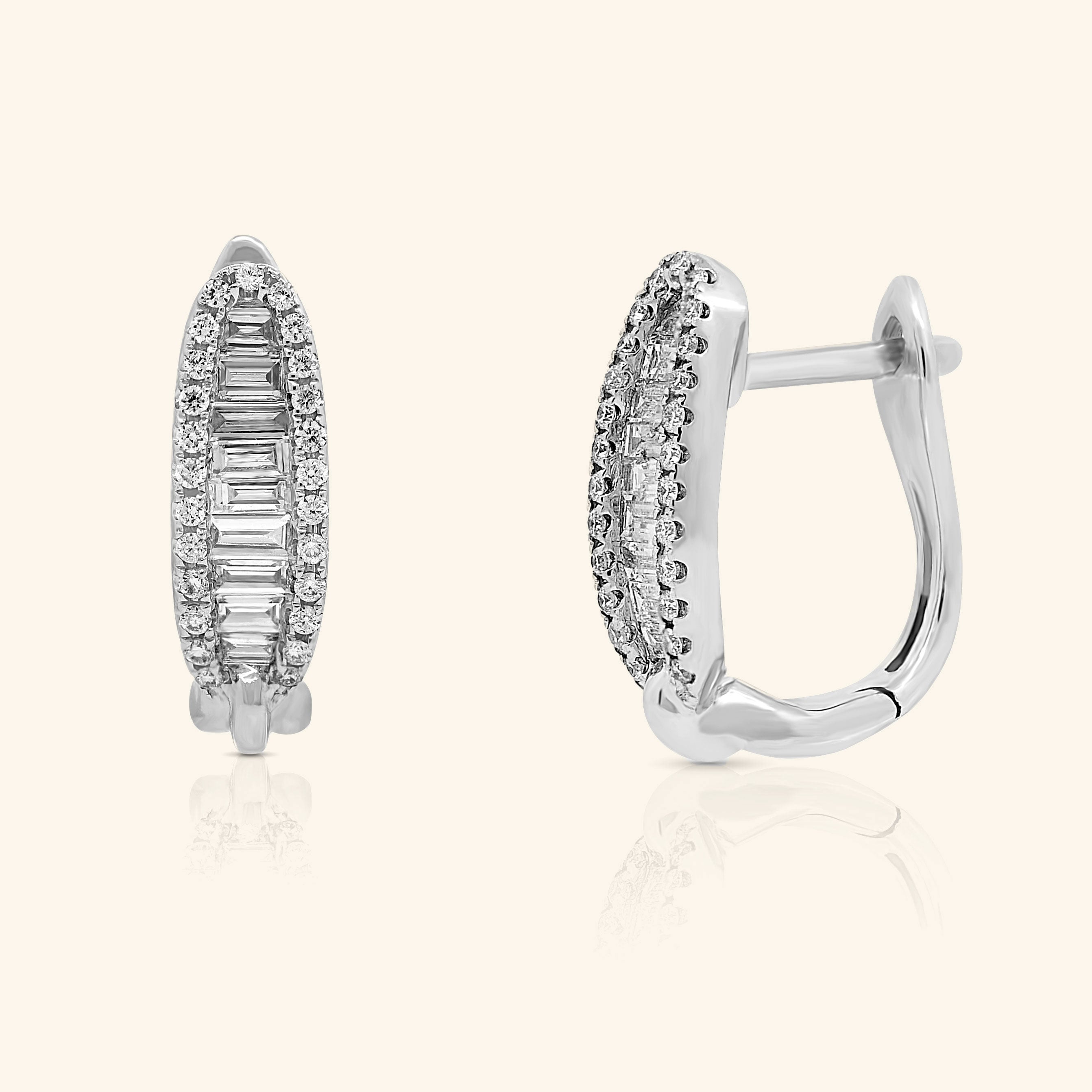 18K White Gold Baguette and Round Diamond Huggie Hoop Earrings