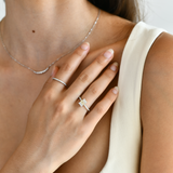 18K White Gold Baguette and Round Diamond Ring with model's hand