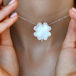 18K White Gold Mother Pearl Clover Diamond Necklace with model's neck