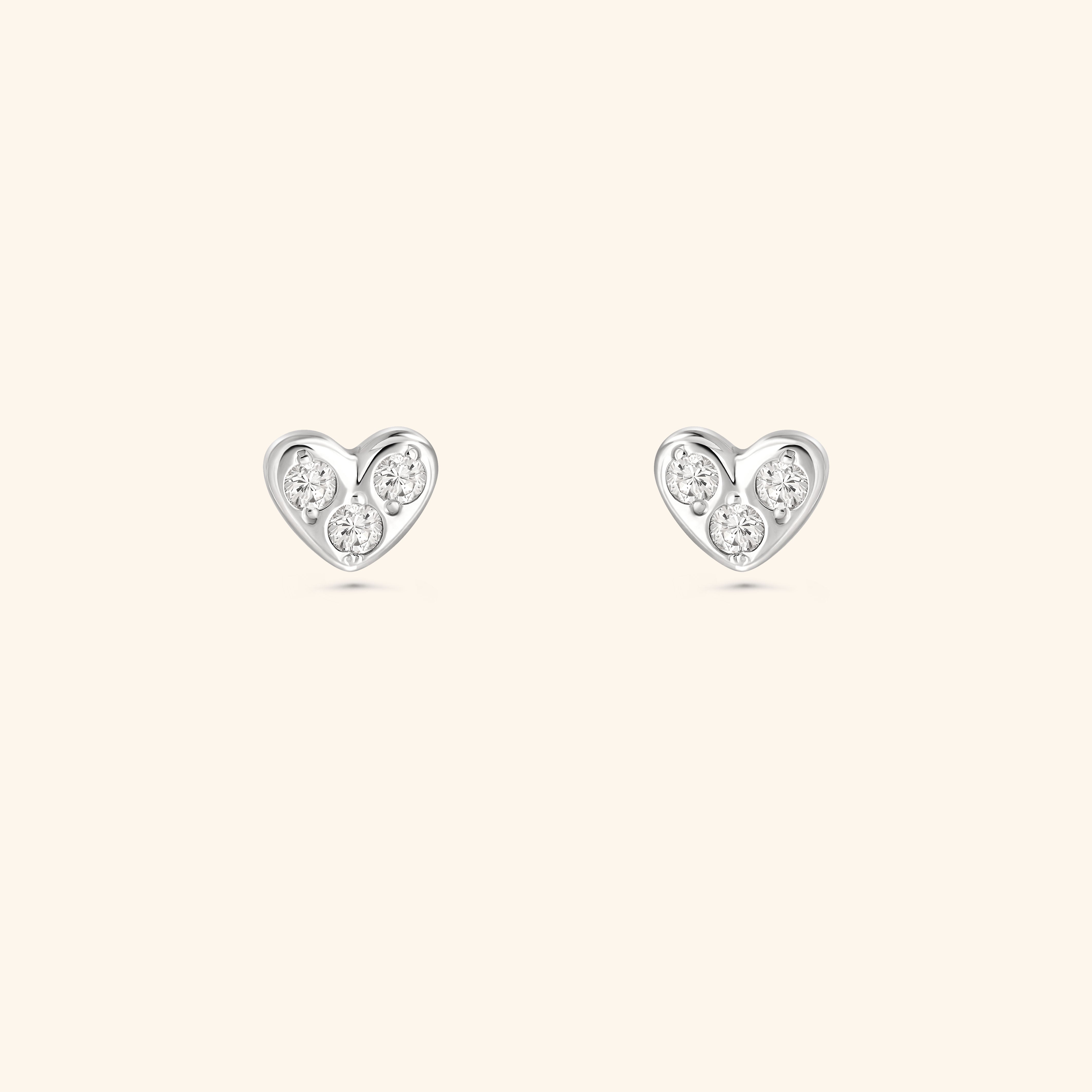 18K White Gold Petite Heart Shape Earrings with Round Diamond