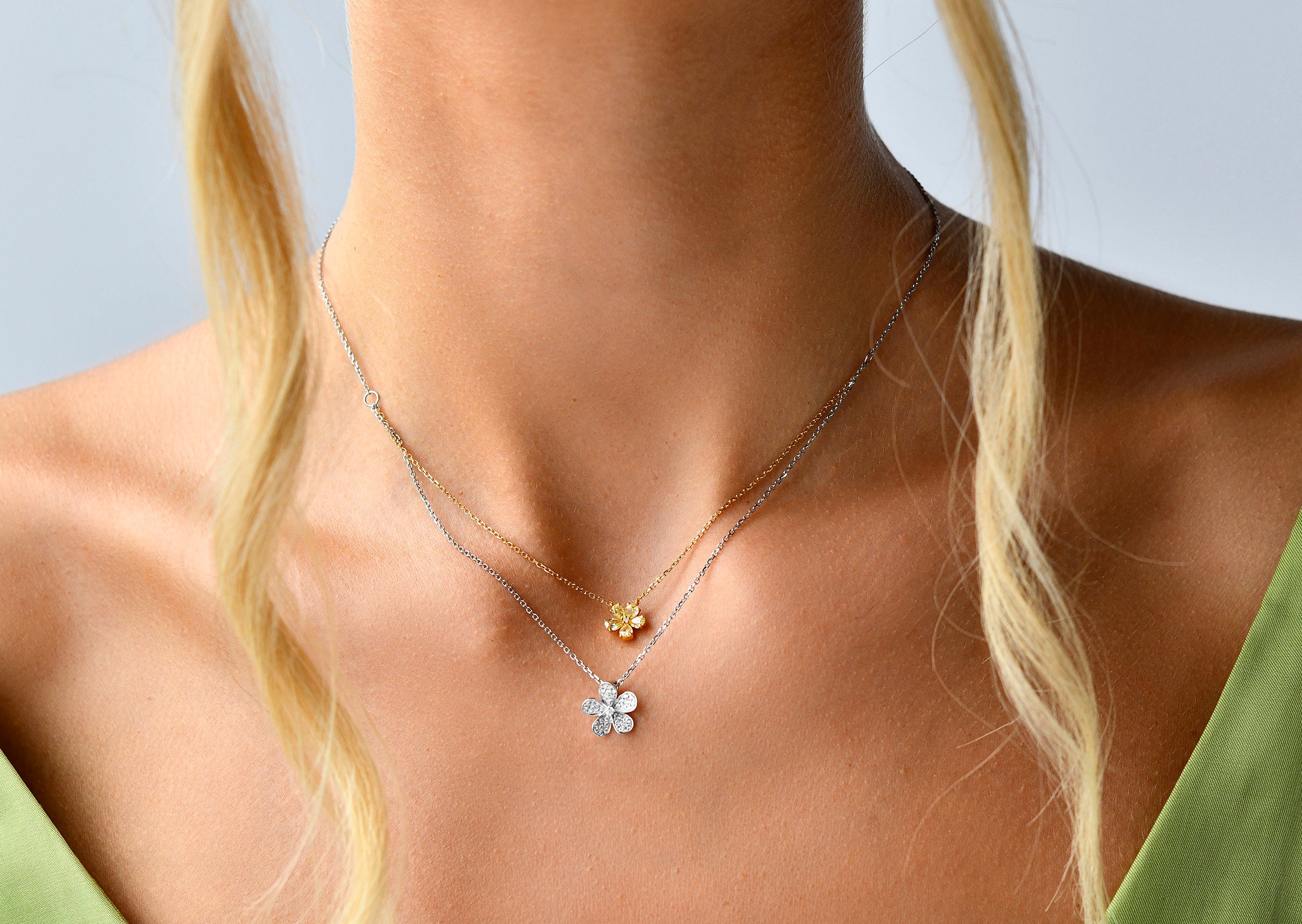 18K Yellow & White Gold Flowers Diamond Necklace with model's neck