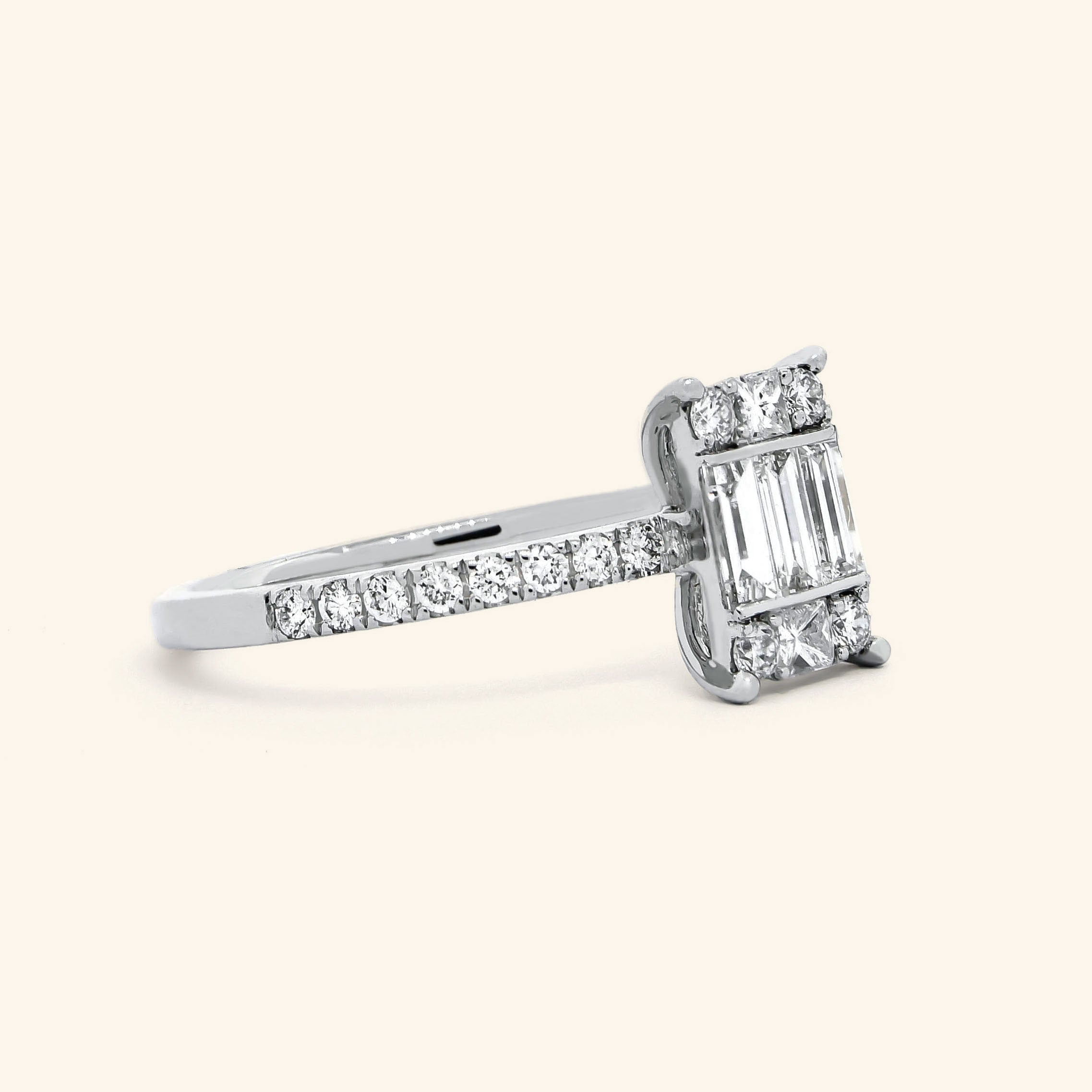 18K White Gold Baguette and Round Diamond Ring rear view