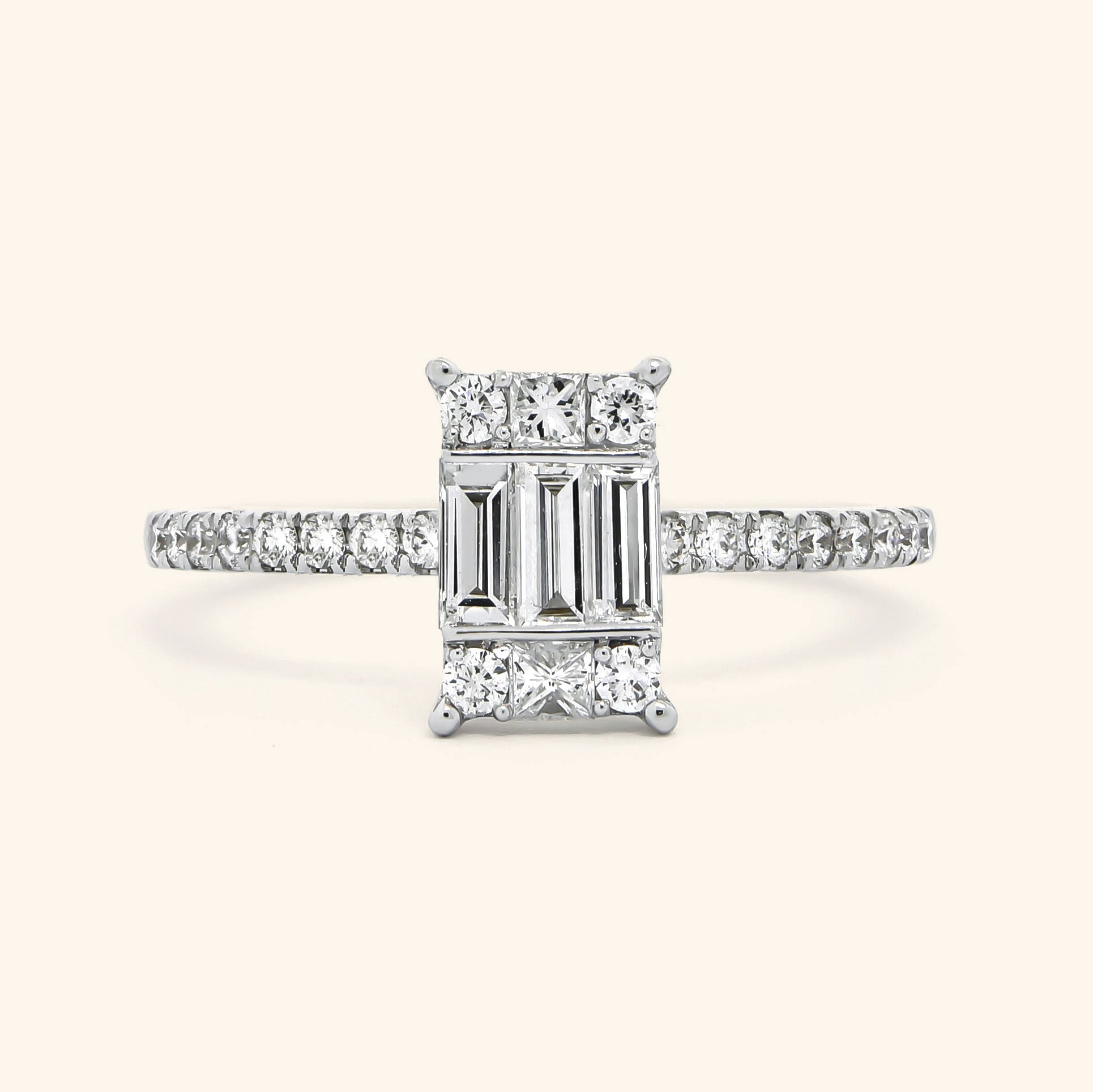 18K White Gold Baguette and Round Diamond Ring