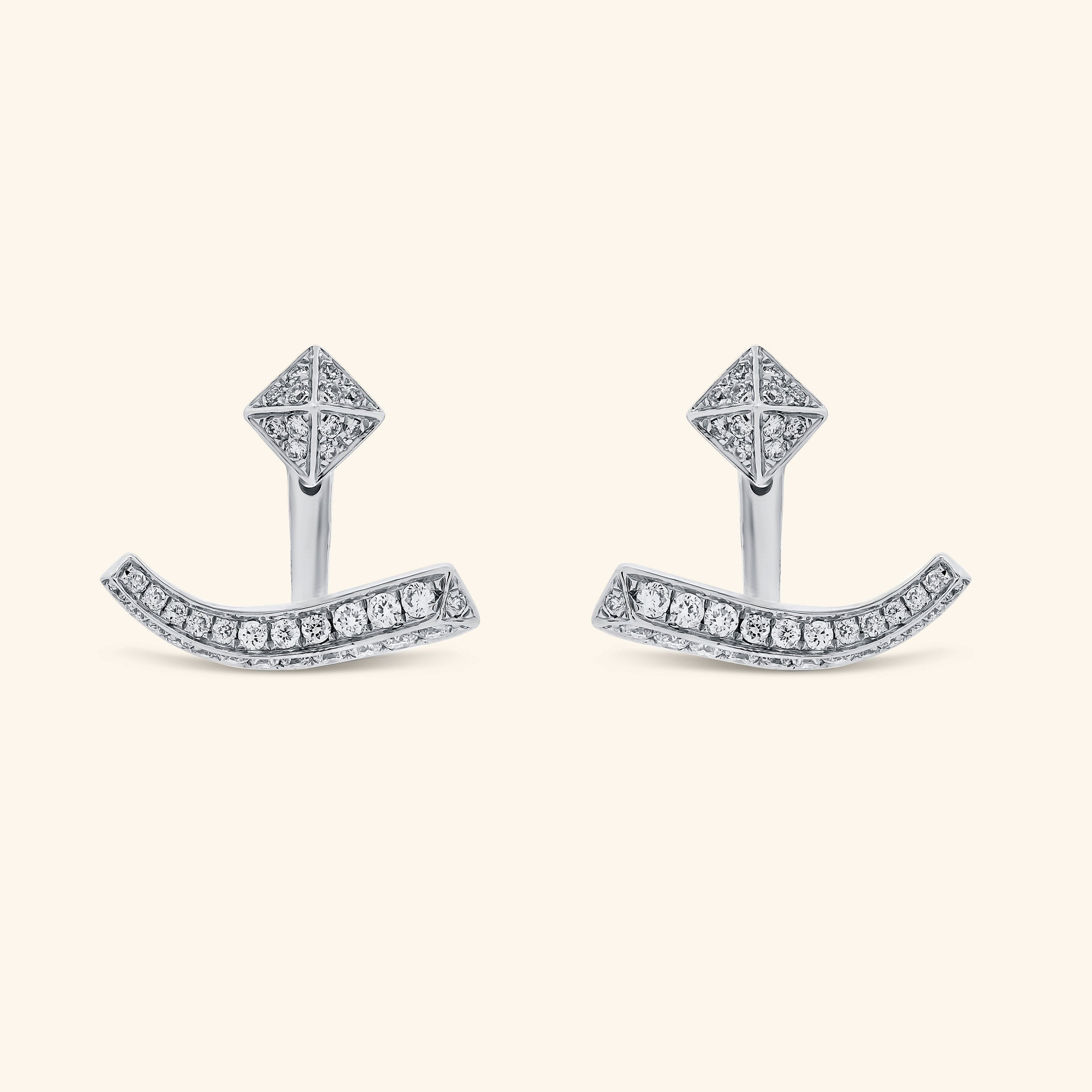 18K White Gold Diamond Pyramid Stud Earrings with Wavy Earring Jackets