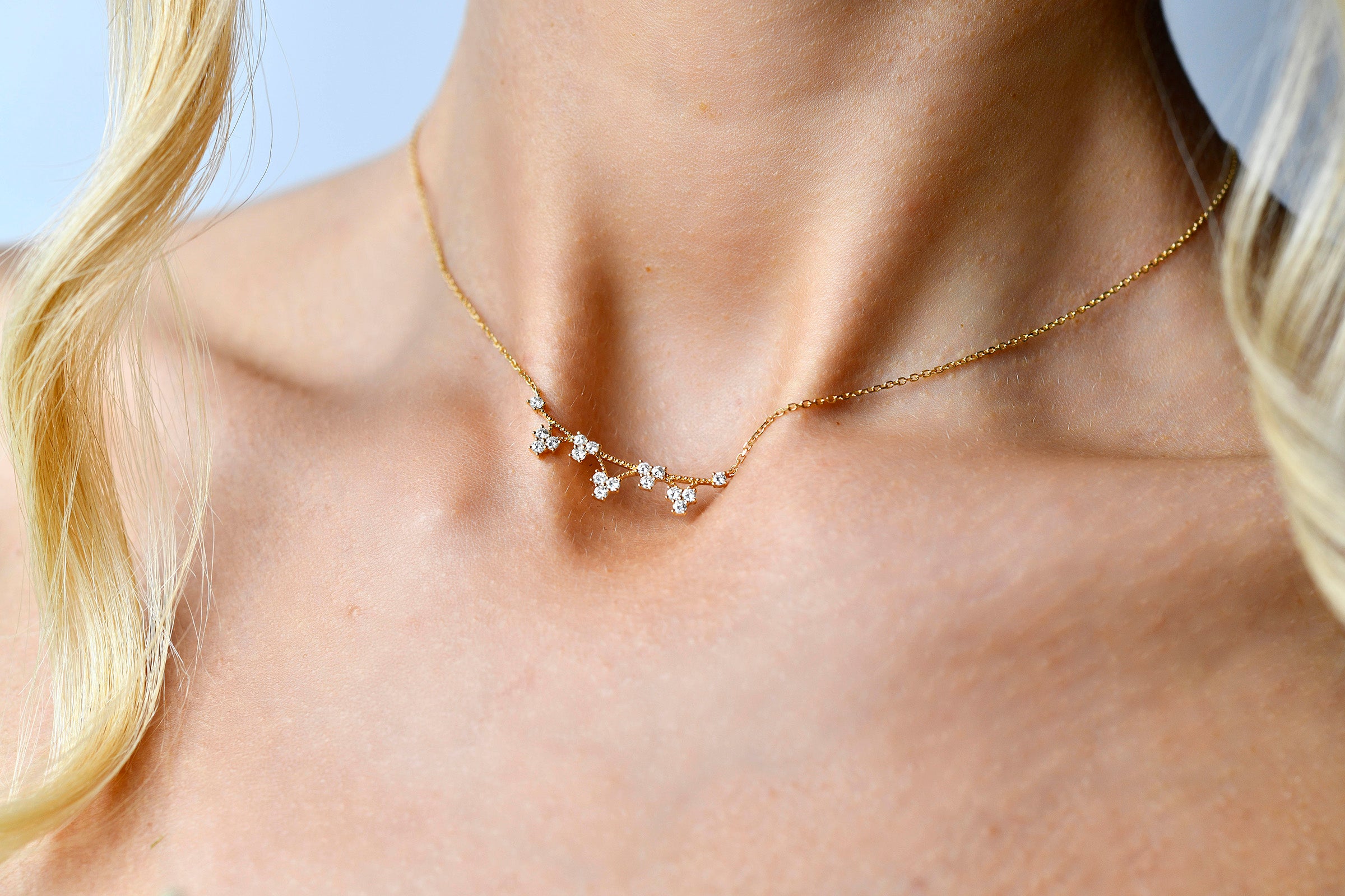 18K Gold Diamond Scatter Trio Necklace with model's neck