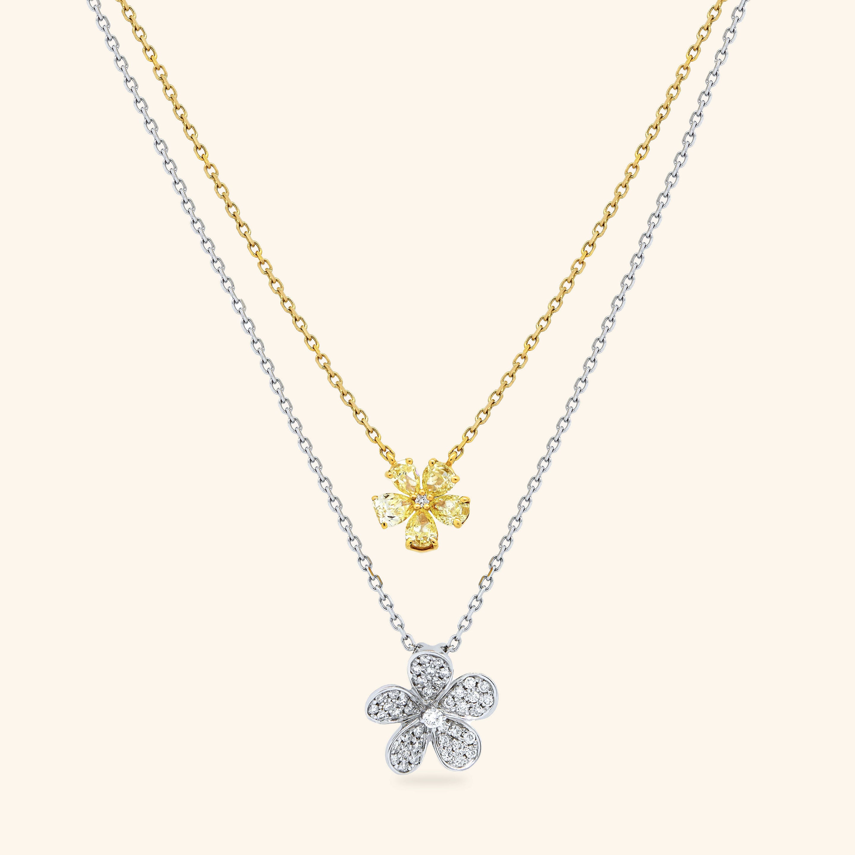 18K Yellow & White Gold Flowers Diamond Necklace