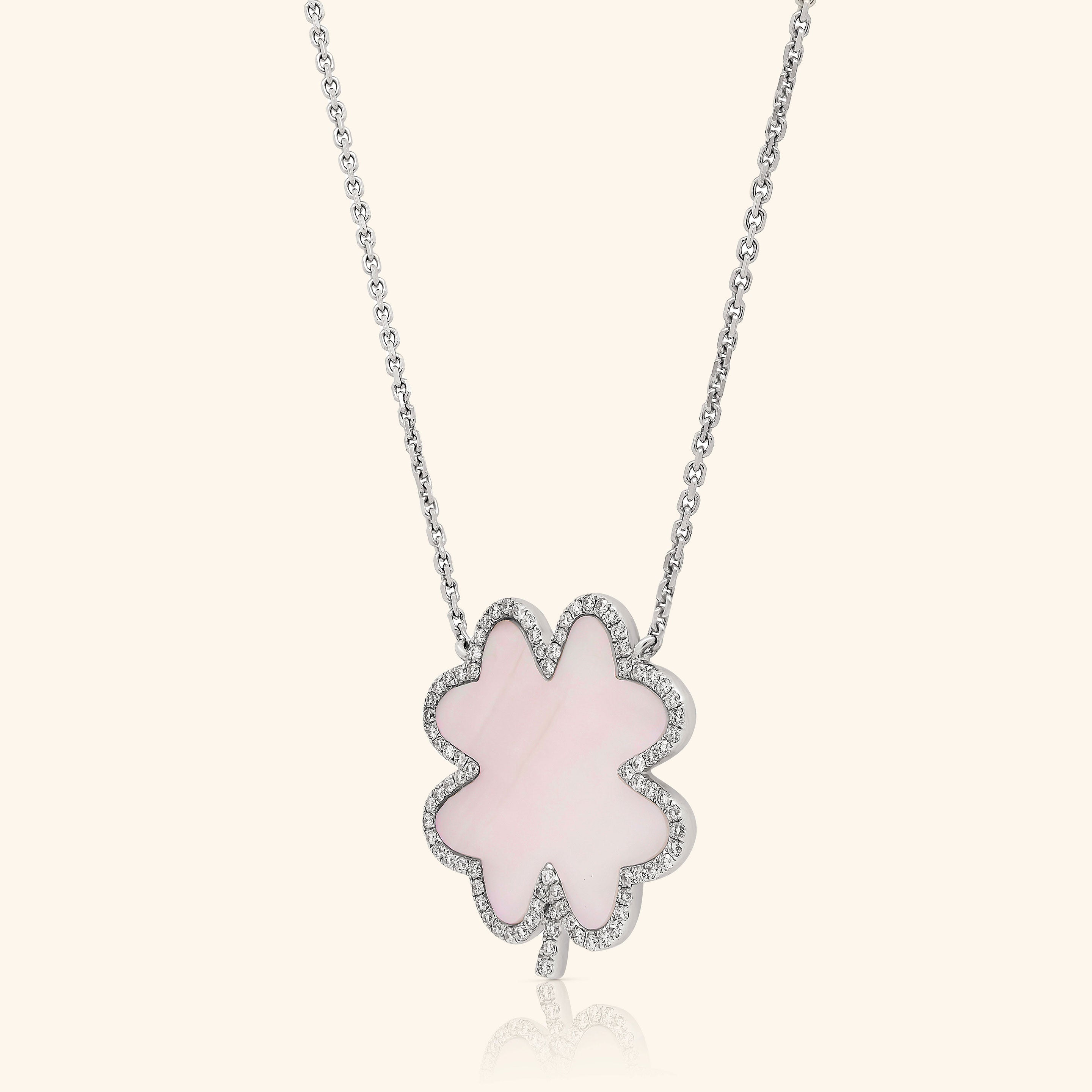 18K White Gold Mother Pearl Clover Diamond Necklace