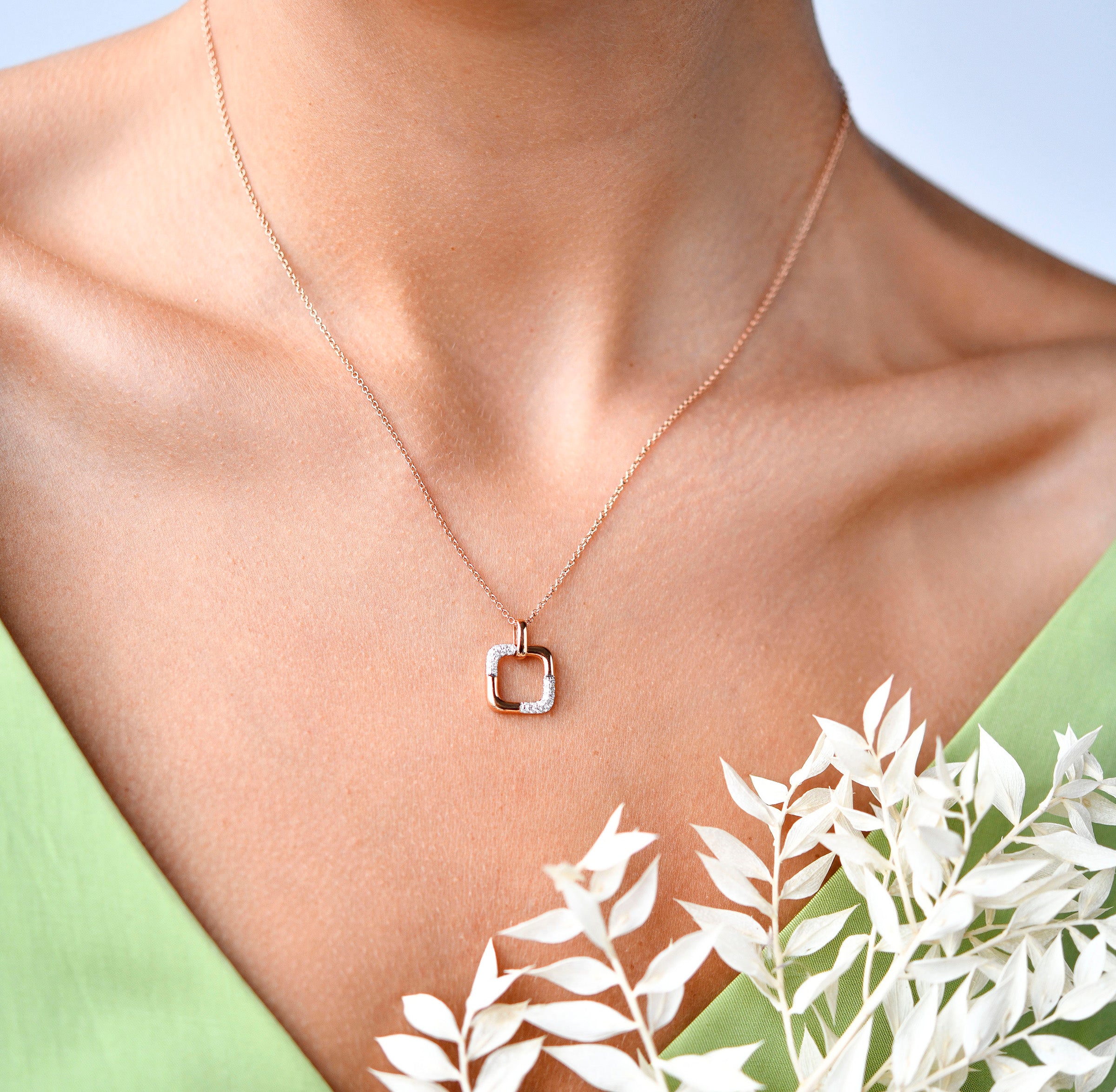 18K Gold Square Diamond Pendant with model's neck