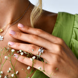 18K White Gold Baguette and Round Diamond Ring with model's hand