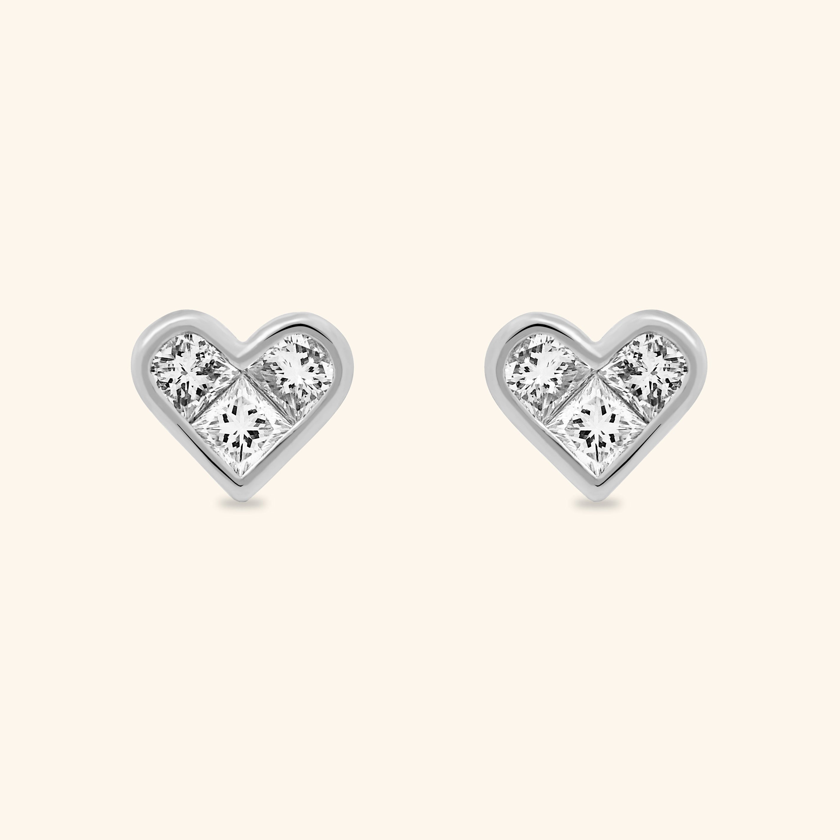 18K White Gold Diamond Heart Bezel Earrings