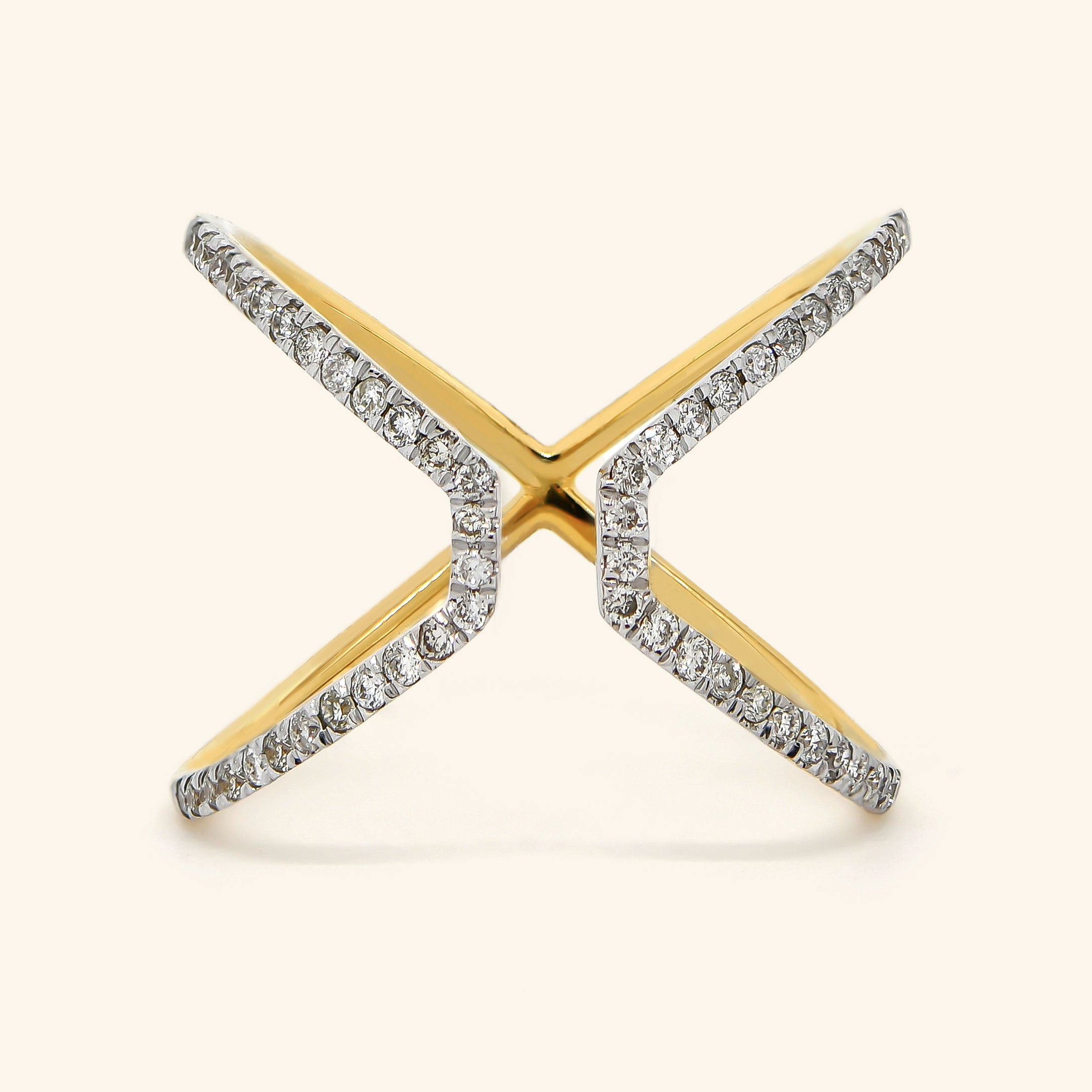 18K Yellow Gold Pave Set Diamond Open-Bar Ring